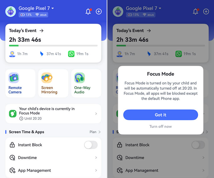 AirDroid Focus Mode on parent end (for child's Android)