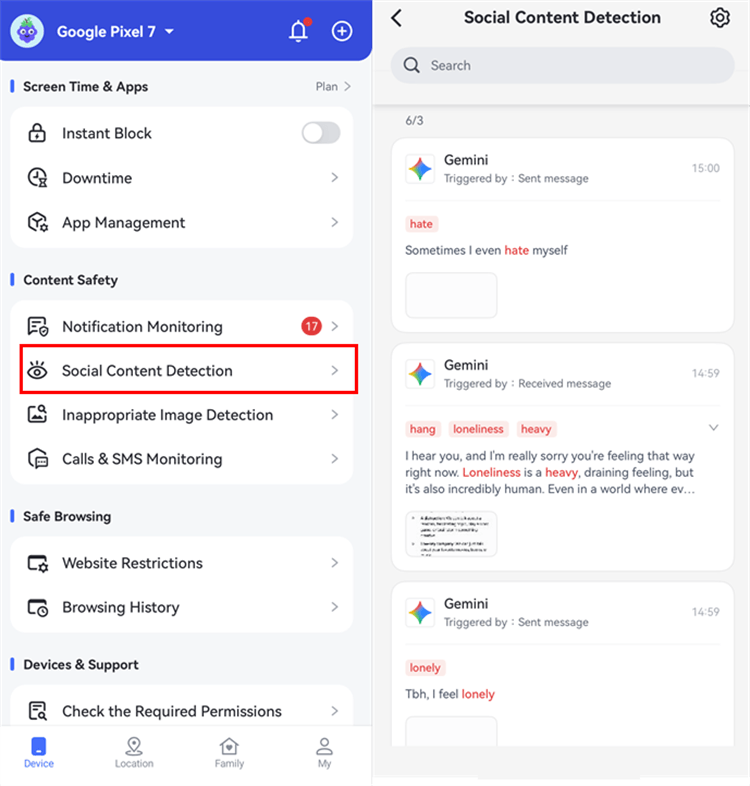 AirDroid Parental Control detect keywords on Gemini chats