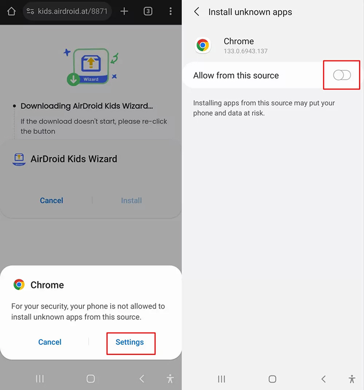 enable allow from the source for airdroid kids wizard