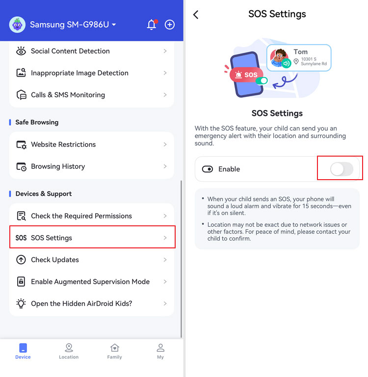 enable SOS in AirDroid Parental Control Android