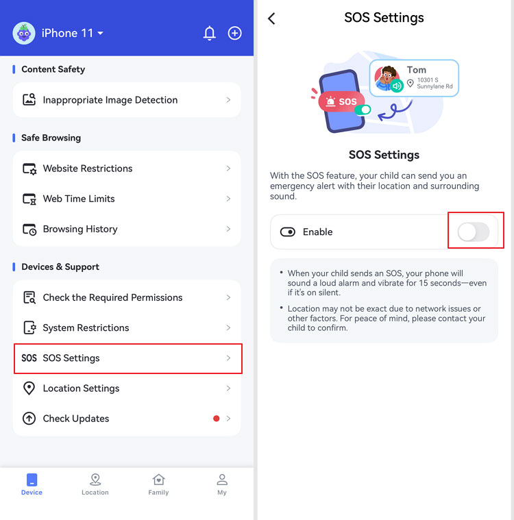 enable SOS in AirDroid Parental Control iOS