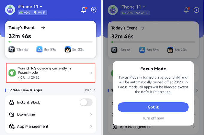 AirDroid Focus Mode on parent end (for child's iOS)