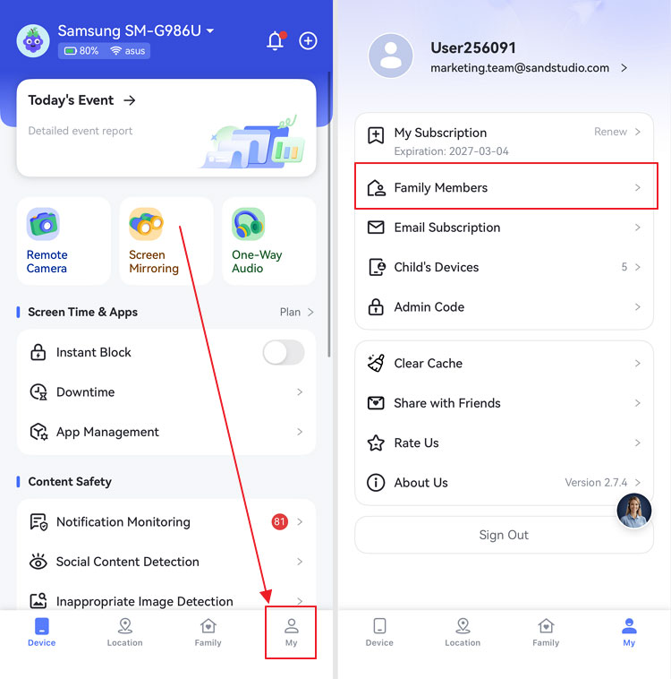 select Family Members from my Android