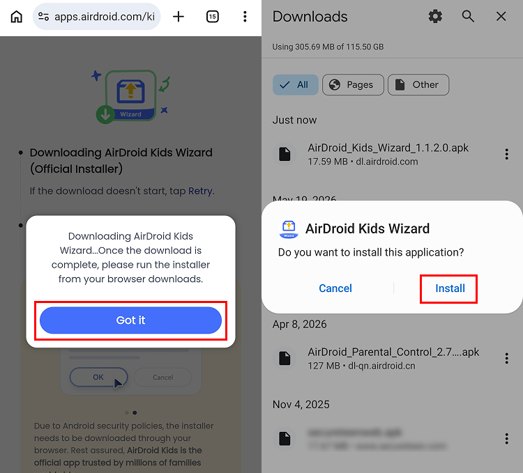 start installing AirDroid Kids Wizard