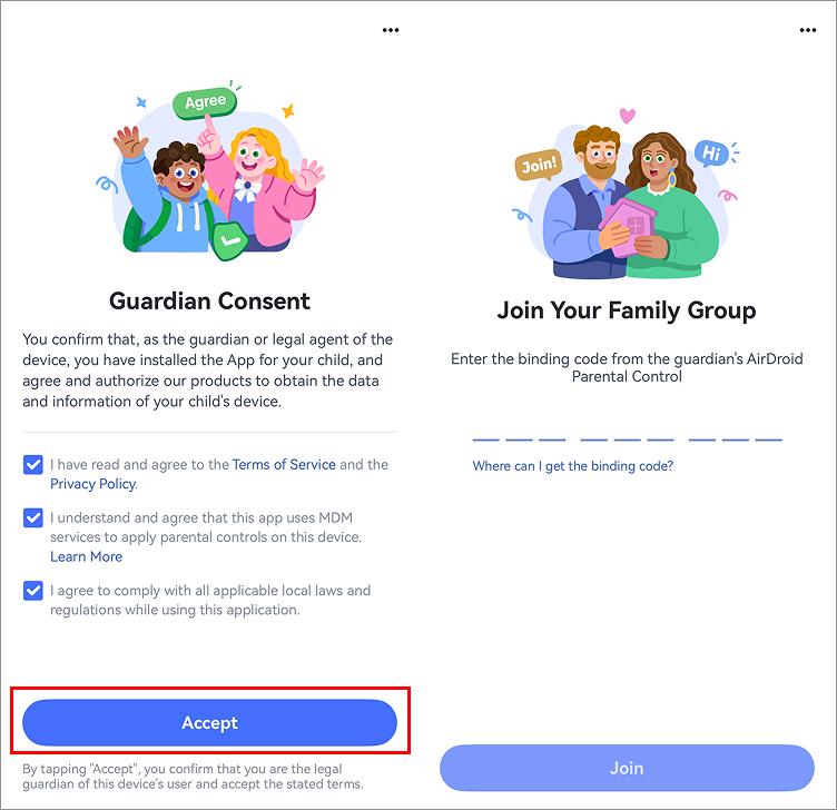 tap “Accept” and enter the binding code