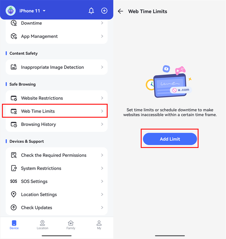 tap Add Schedule in Website Limits for iPhone
