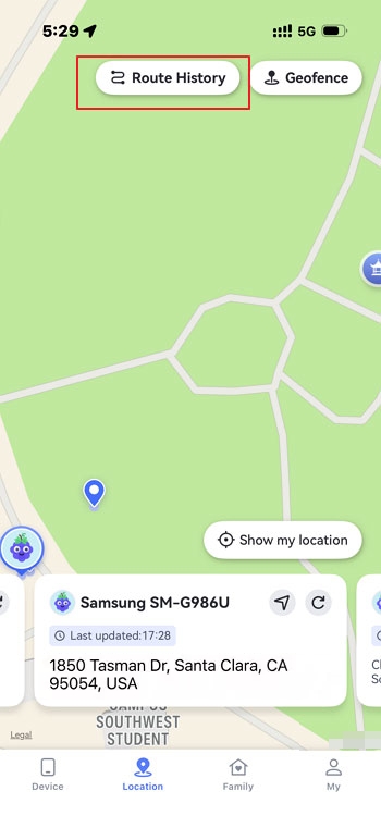 tap Route History (Android)