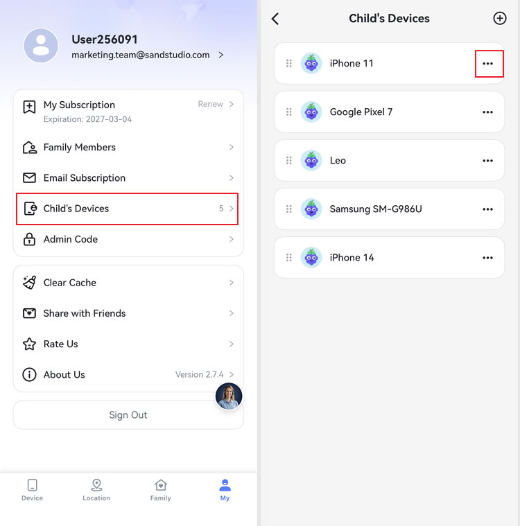 tap three dots from Childs Devices (iOS)