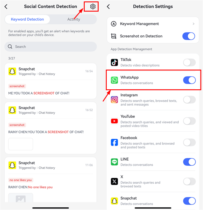 Enable content monitoring for whatsApp