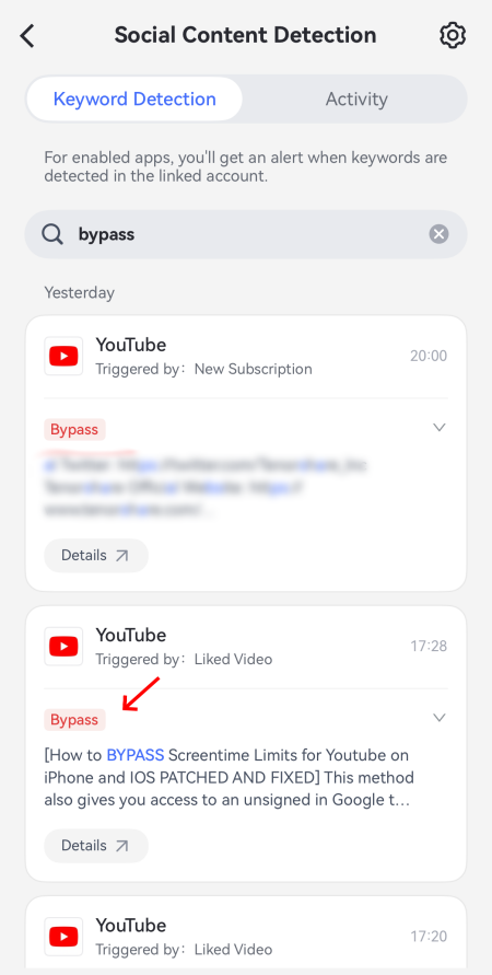 iOS YouTube keyword monitoring