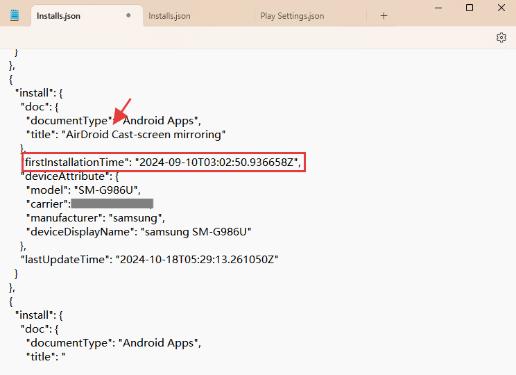 check when an app was installed Android with Google Takeout