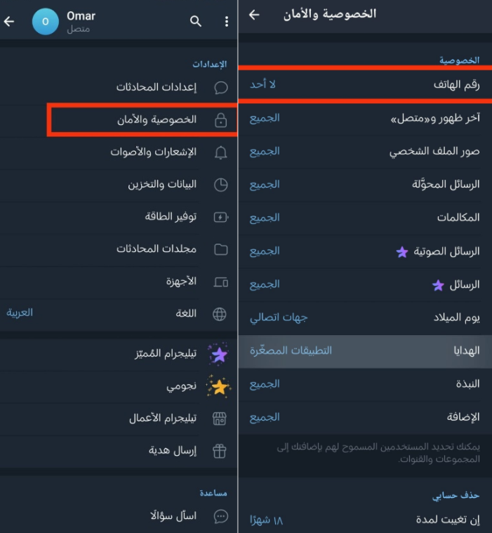 التحكم في خصوصية تيليجرام
