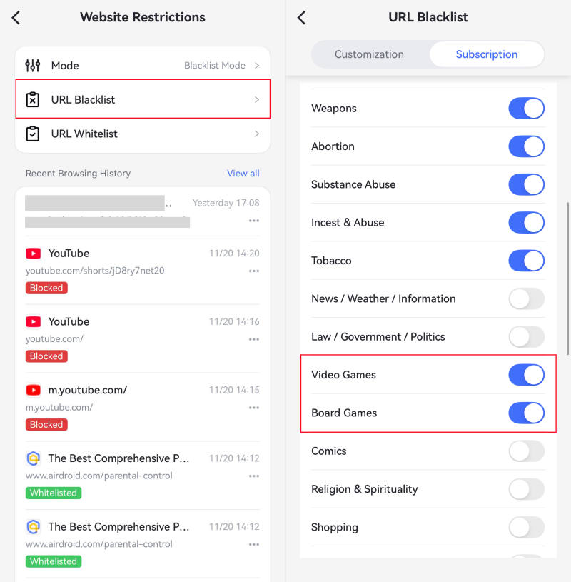 block game websites with AirDroid