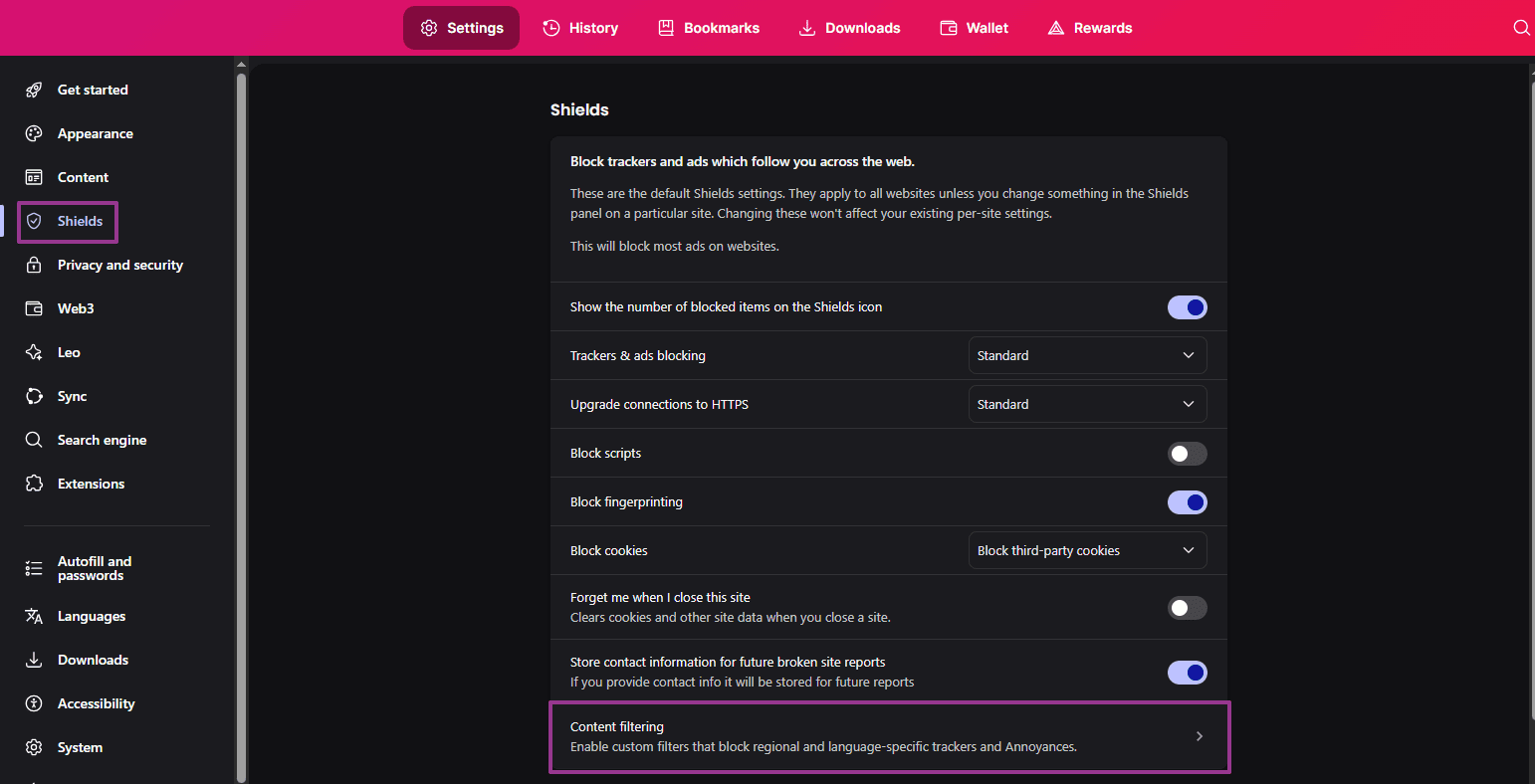 enable Shields on brave browser