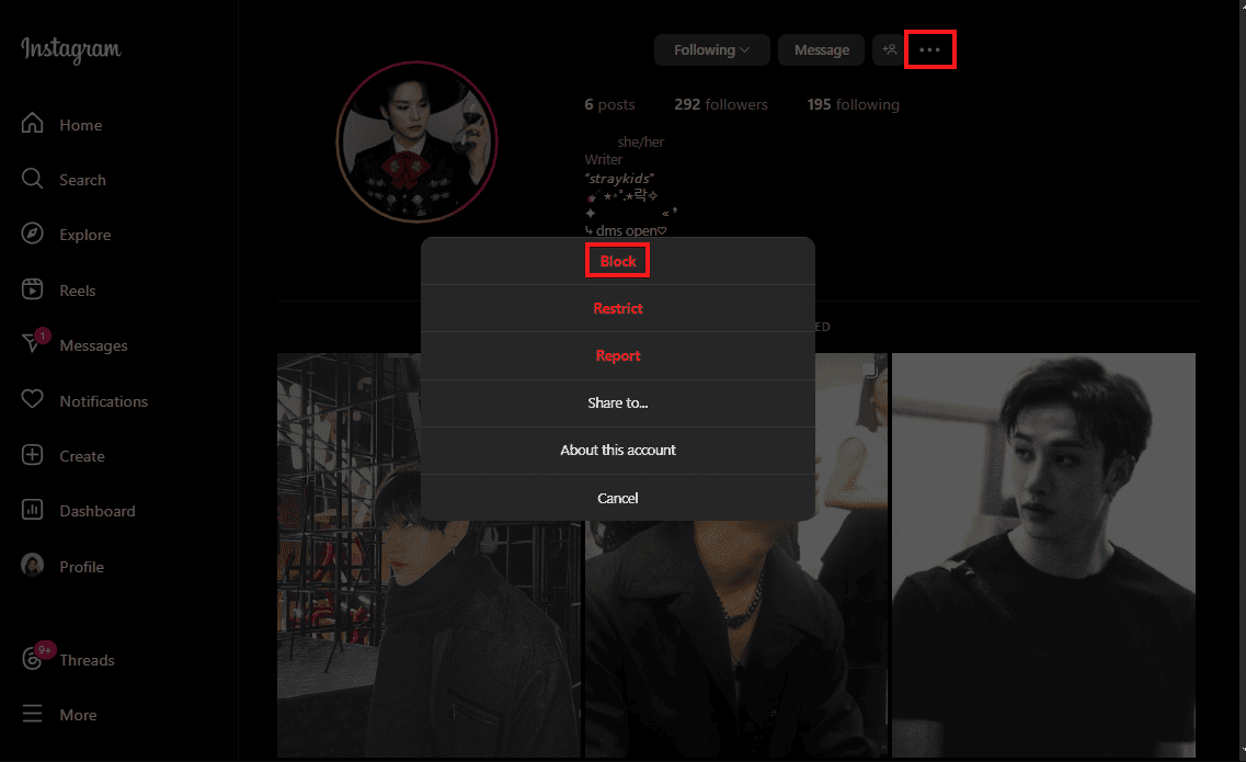 Going to the person's profile on instagram.com to block them