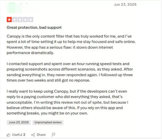 Avaliação negativa do Canopy no Trustpilot 01