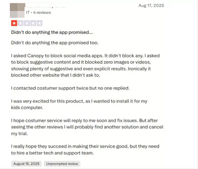 Avaliação negativa do Canopy no Trustpilot 1