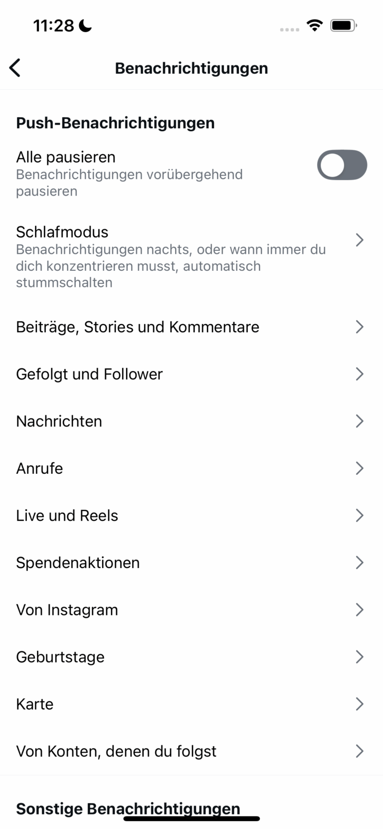 Instagram Benachrichtigungsarten einstellen