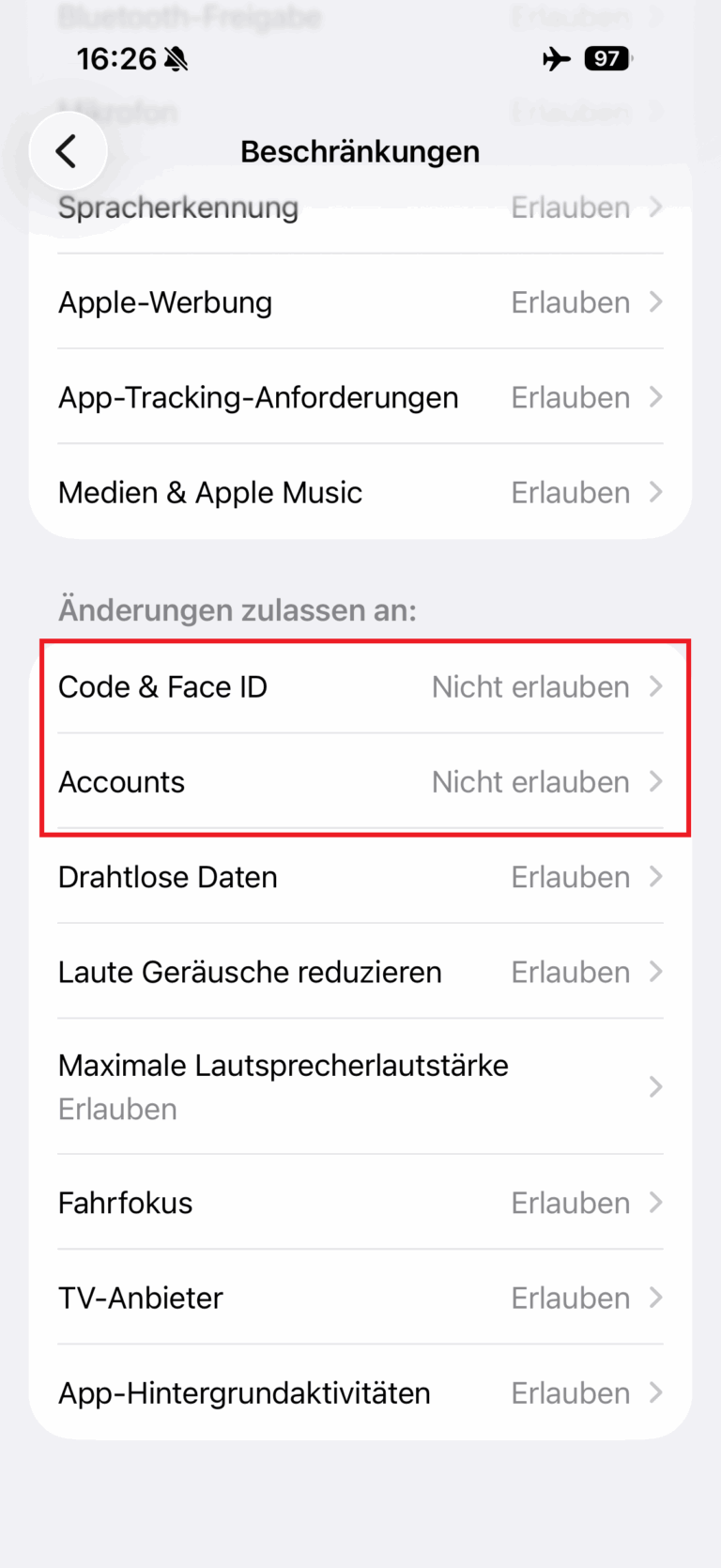 Code Accounts Nicht erlauben