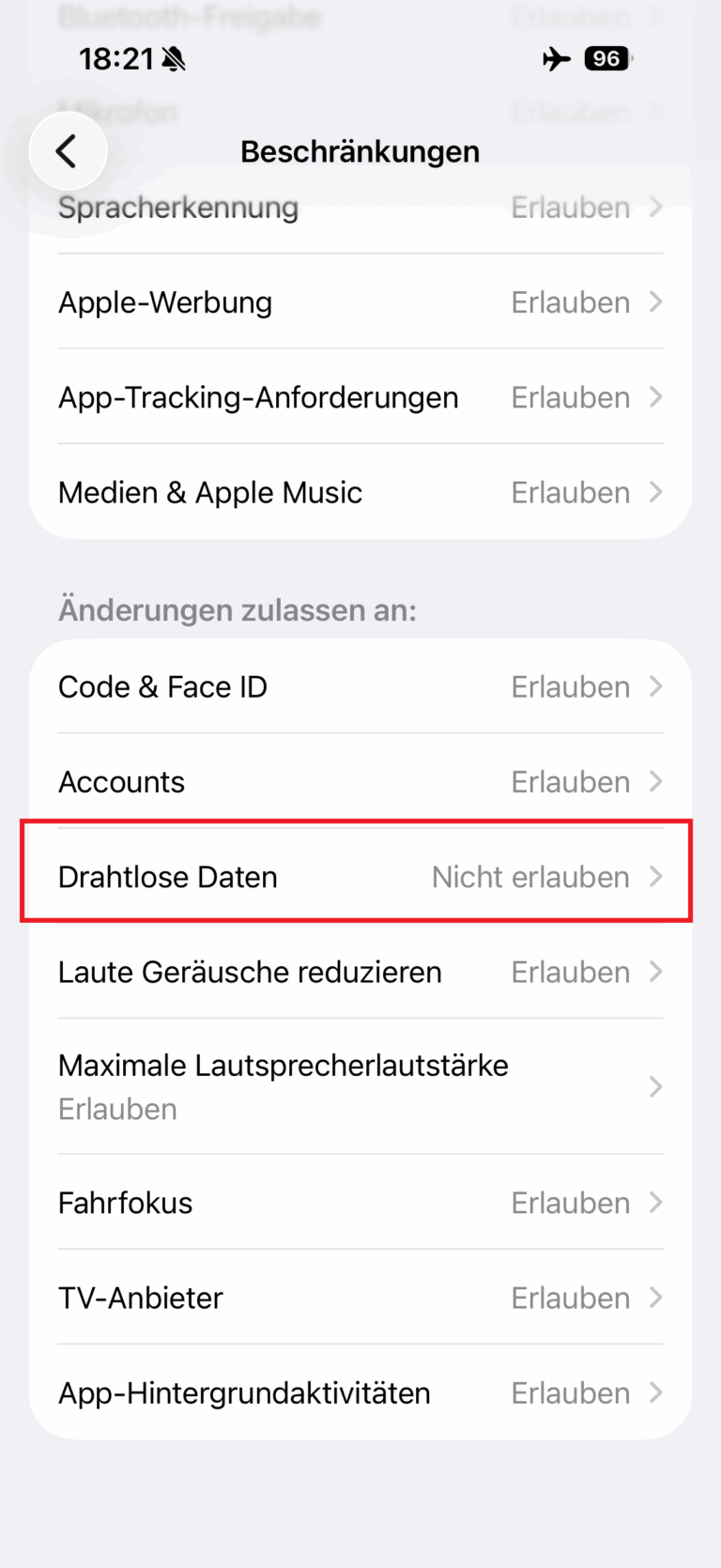 Drahtlose Daten Nicht erlauben