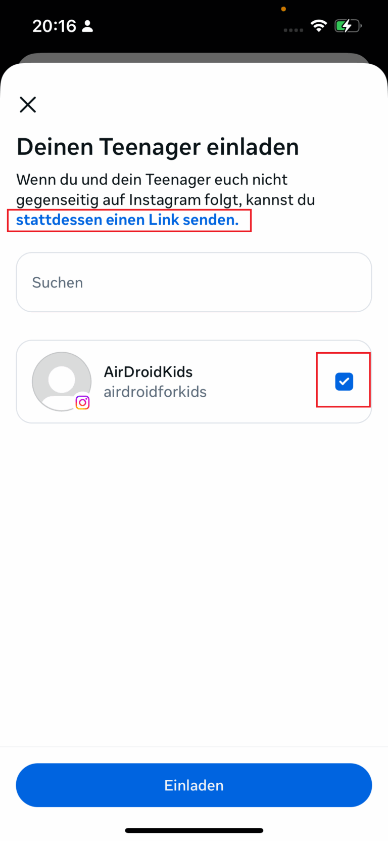 senden eine Einladungsanfrage über das Familienbereich an das Instagram-Konto des Kindes