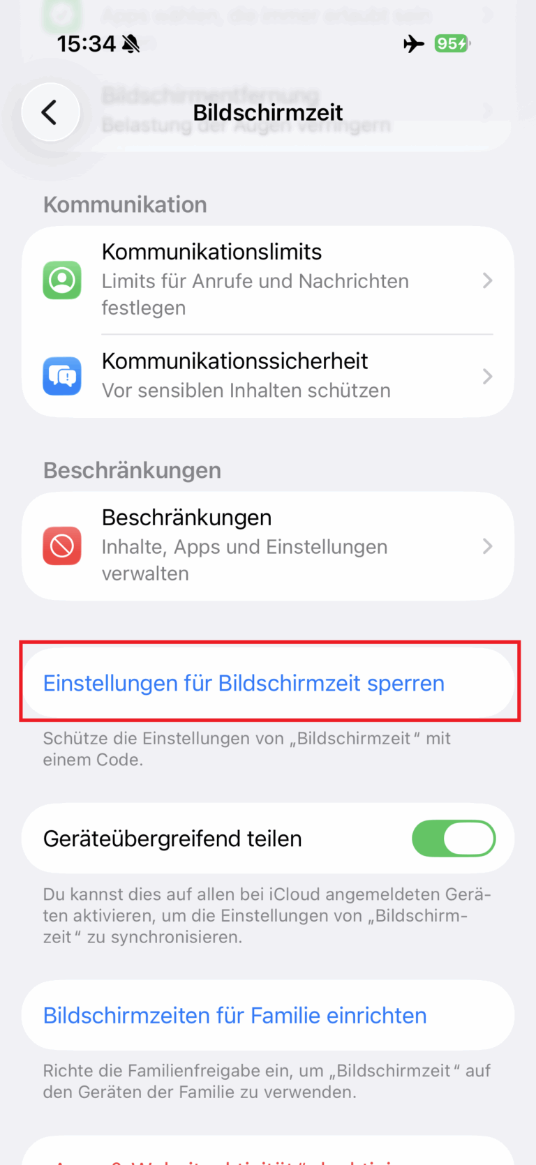 Einstellungen für Bildschirmzeit sperren