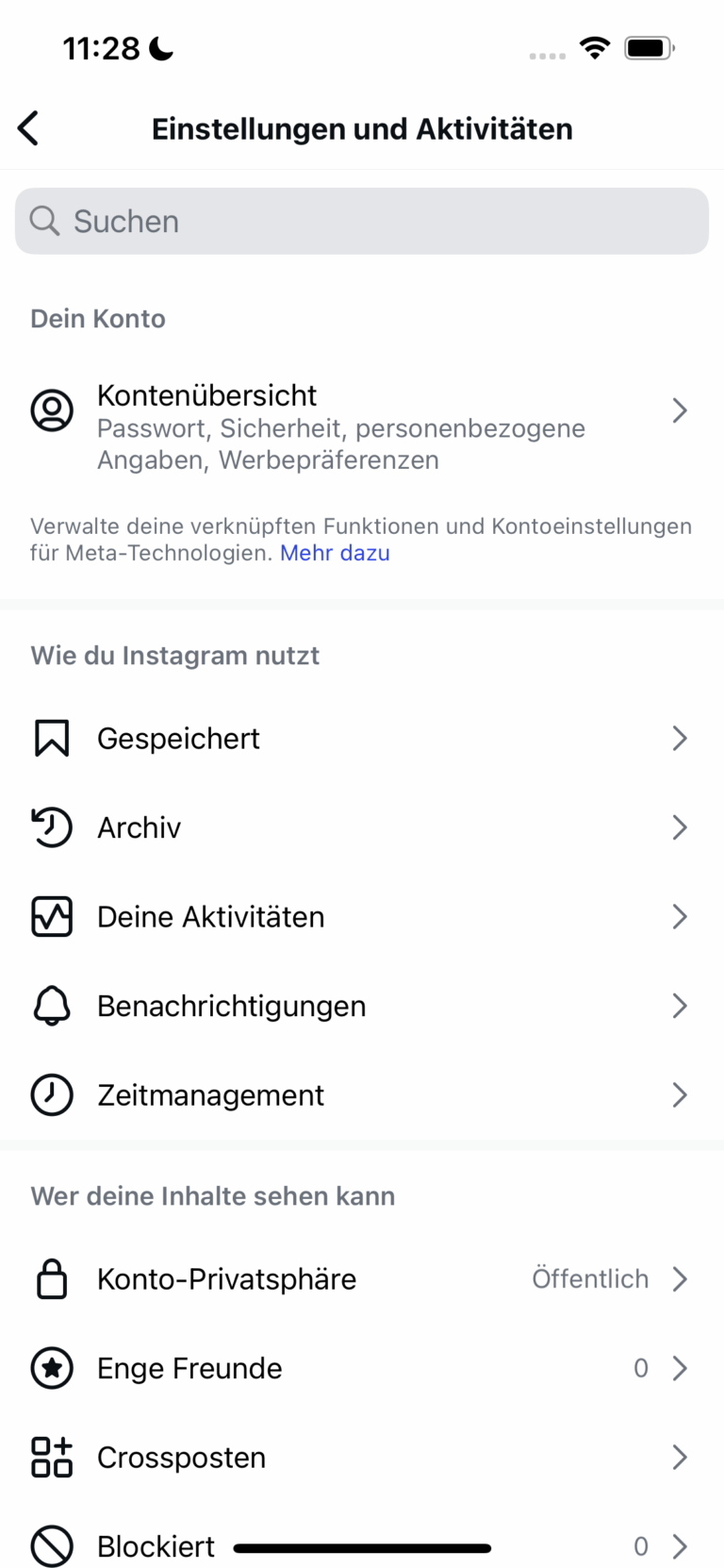 Instagram Einstellungen und Aktivitaten
