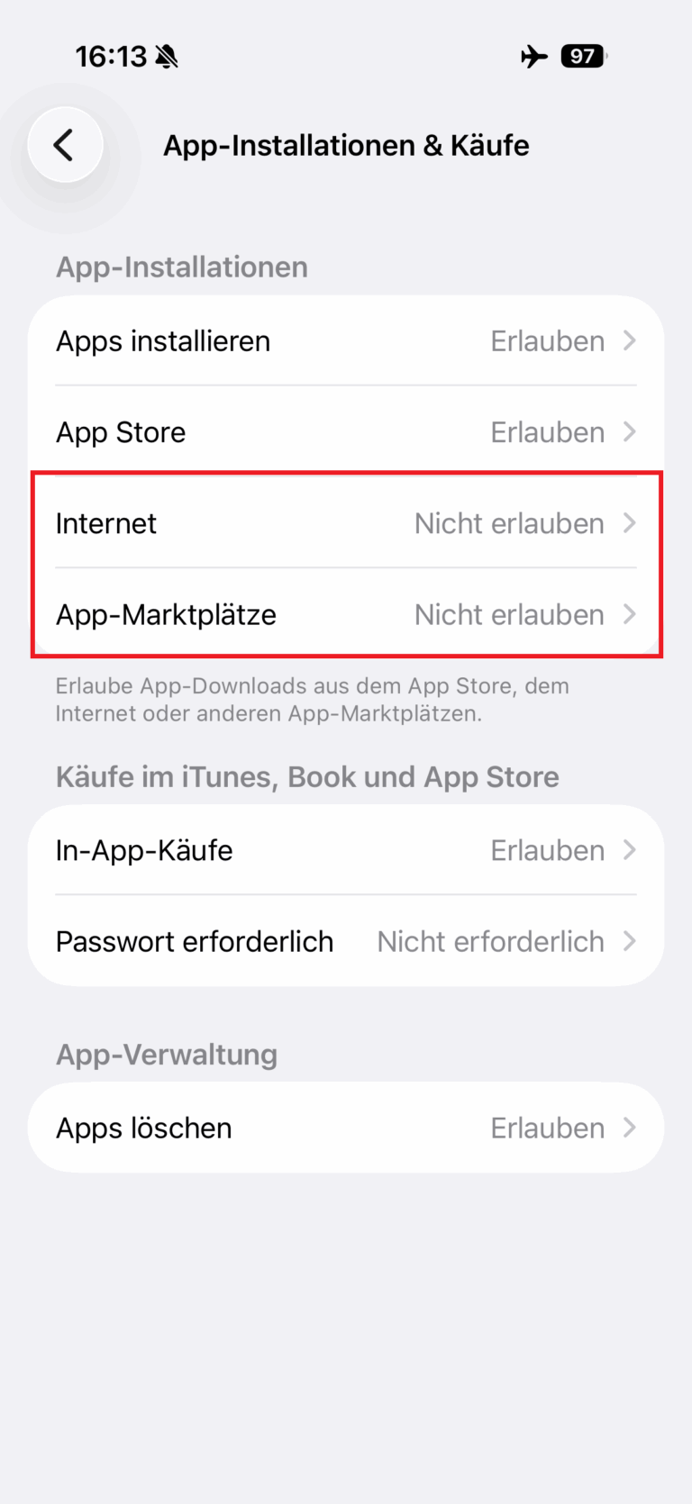 Internet und App Marktplaertze Nicht erlauben