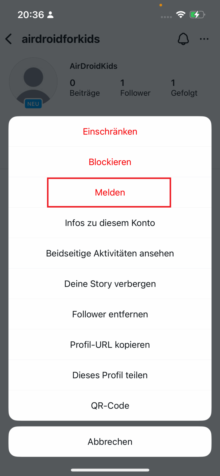 Kontakte auf Instagram melden
