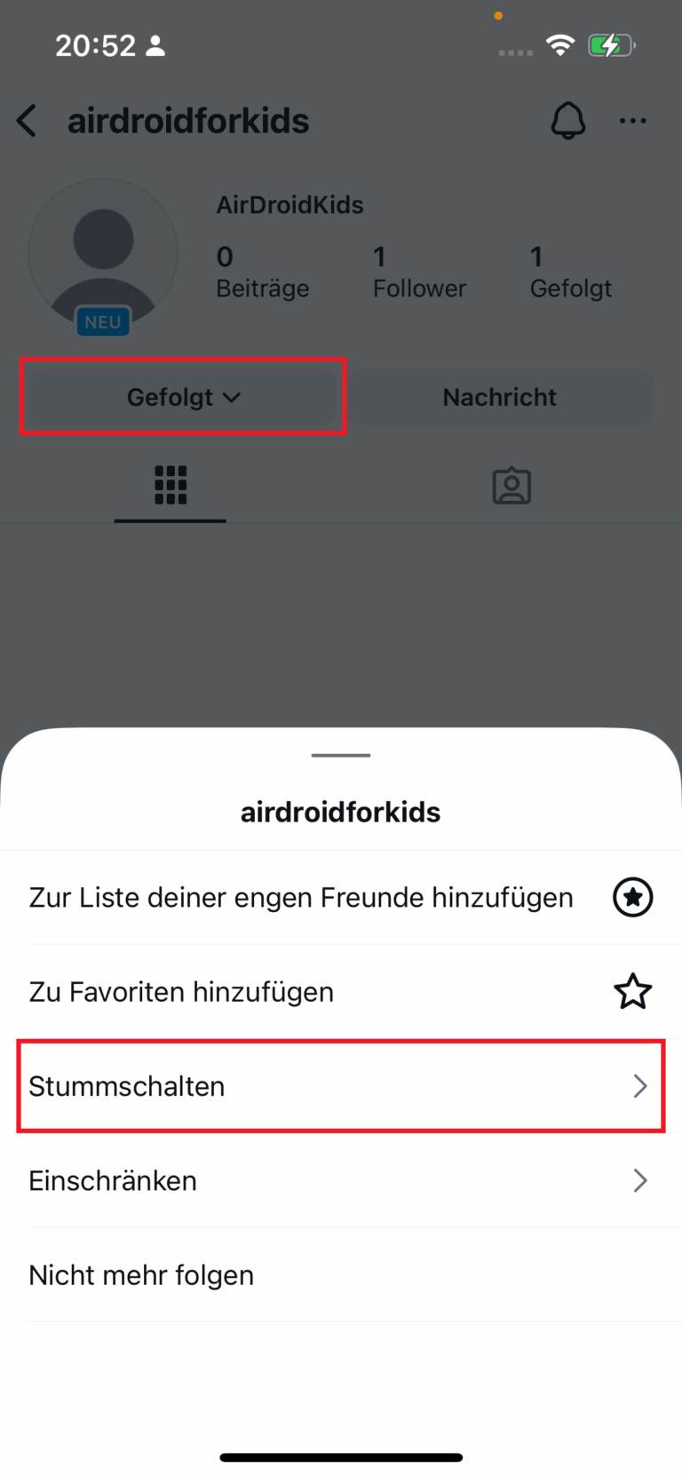 Kontakte auf Instagram stummschalten