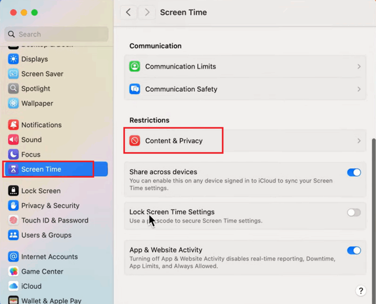 Einstellungen für Bildschirmzeit sperren