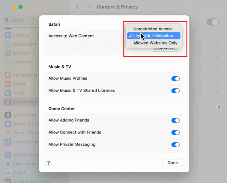 Wählen Sie Nicht jugendfreie Inhalte beschränken oder Nur genehmigte Websites
