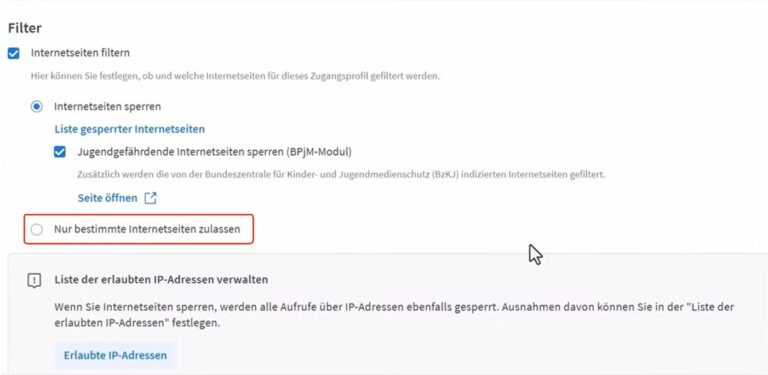 Nur bestimmte Internetseiten zulassen