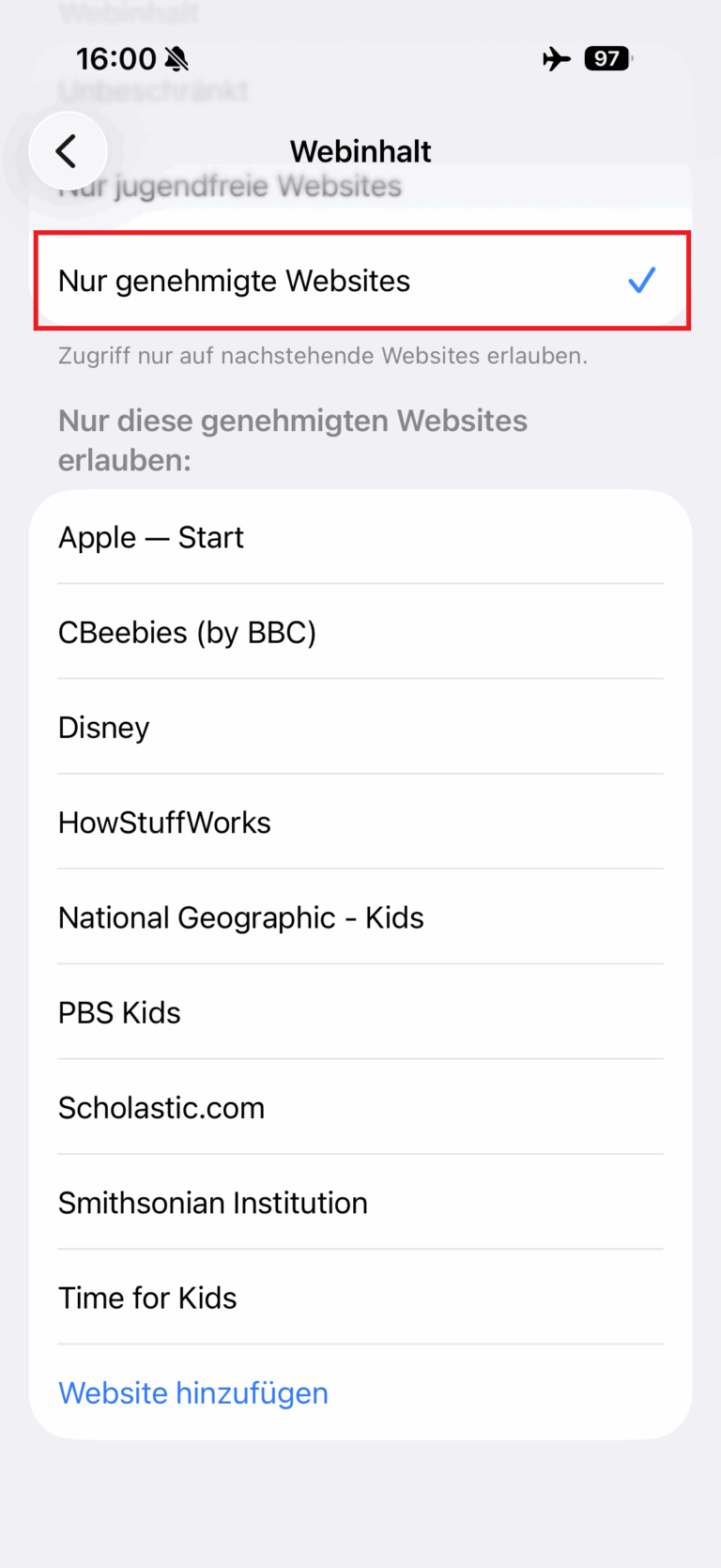 Nur genehmigte Websites