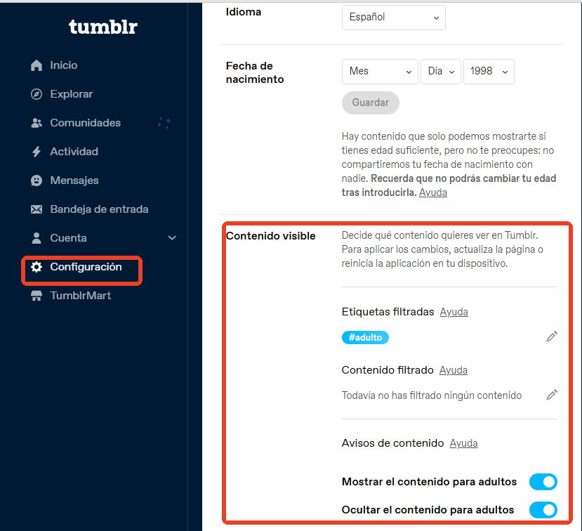 Tumblr configuración de contenido sensible