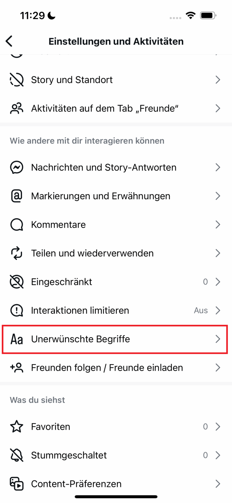 Unerwunschte Begriffe auf Instagram