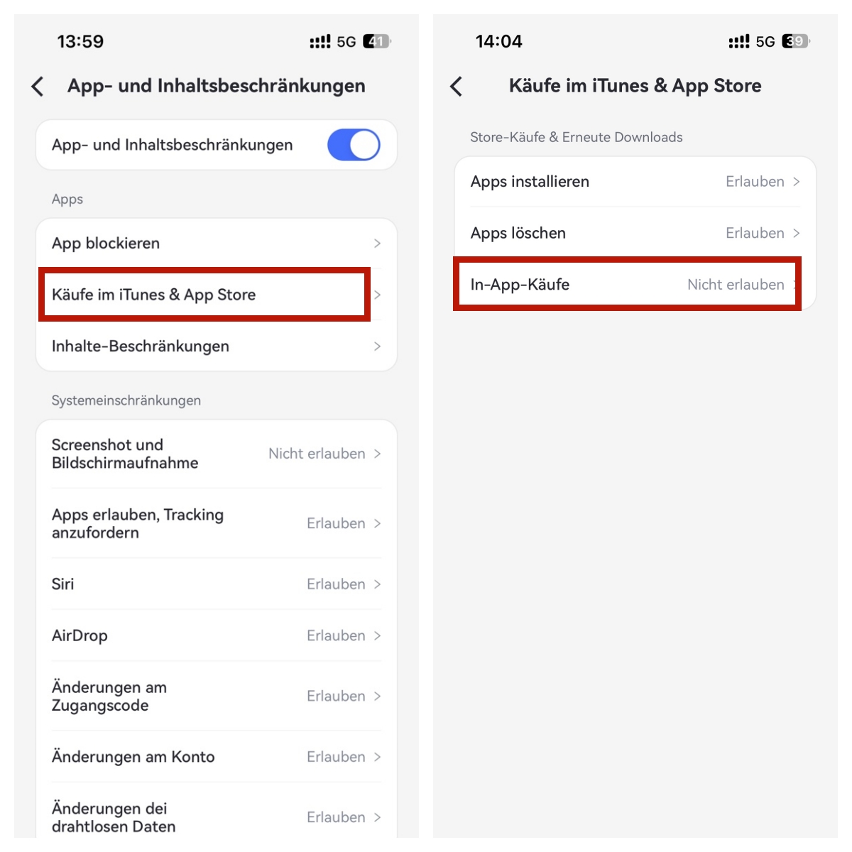 Käufe im iTunes & App-Store daktivieren