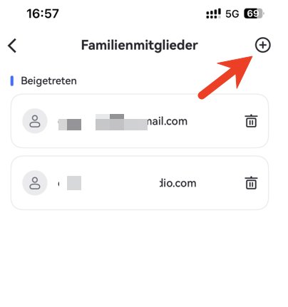 Tippen Sie auf das + Symbol, um weitere Familienmitglieder einzuladen