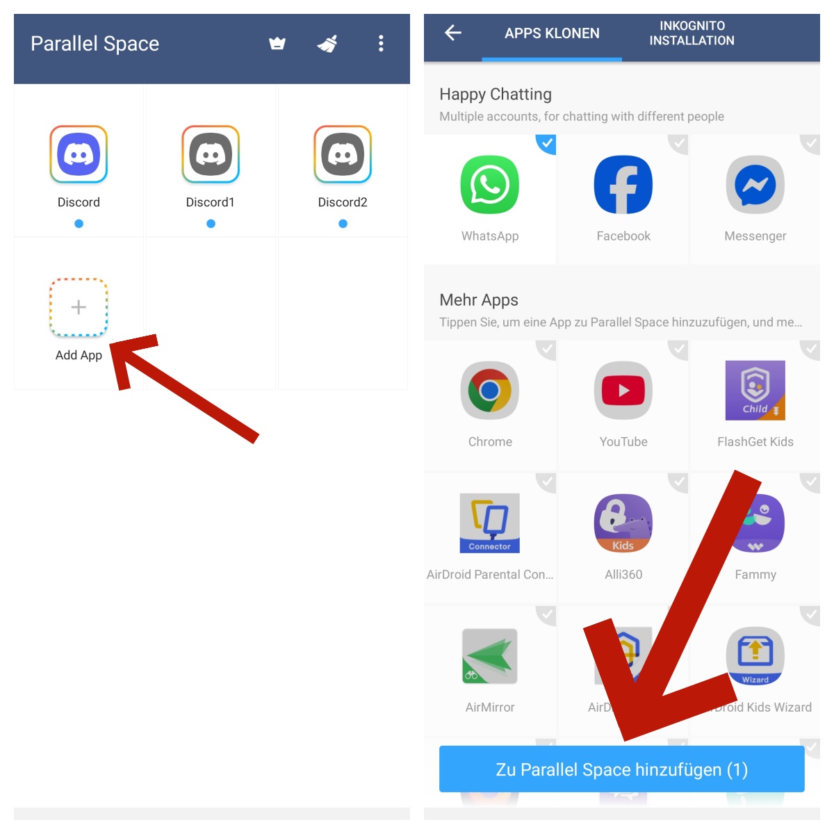 WhtasApp zu Parallel Space hinzufügen