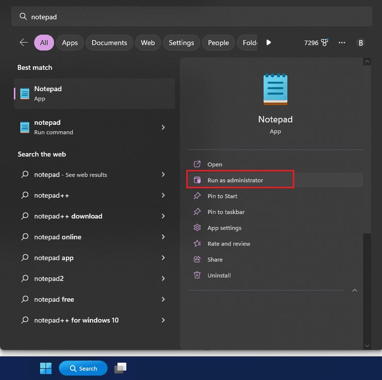 Öffnen Sie den Notepad als Administrator