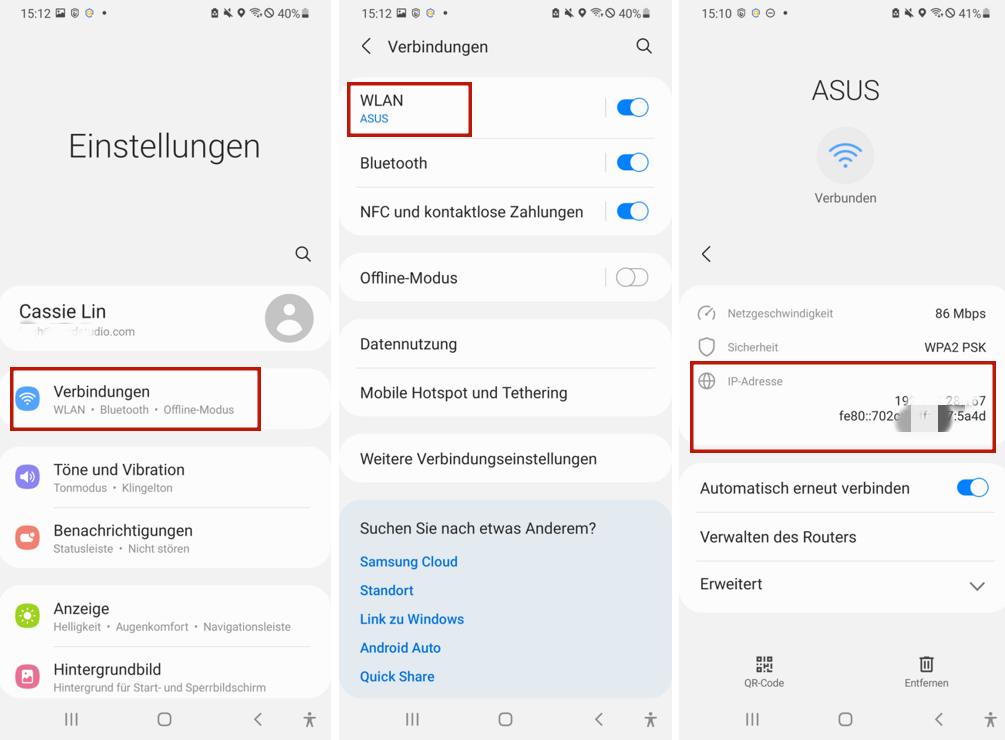 Samsung IP-Adresse durch WLAN Einstellungen heruasfinden