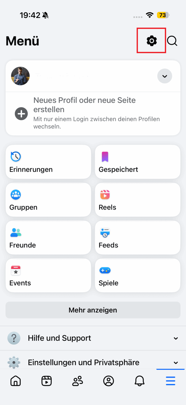 Facebook Einstellungen tippen