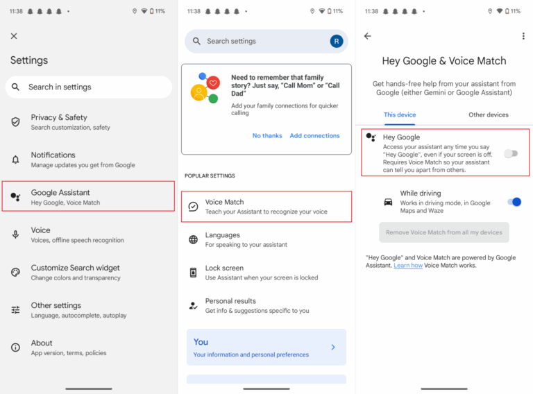activate Google Voice match in Settings