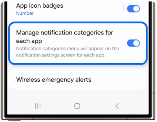 manage notification categories for each app Samsung
