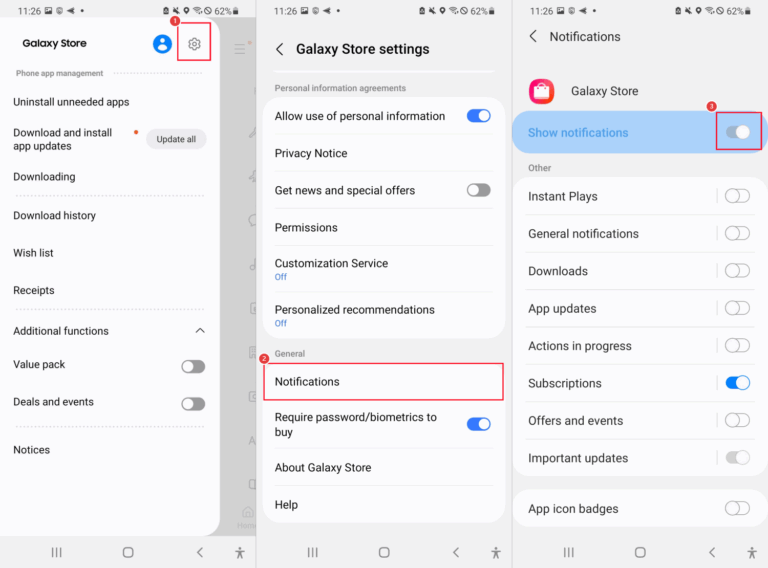 turn off Galaxy Store notifications