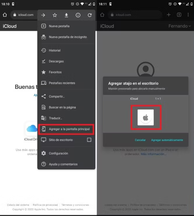 Cómo agregar un acceso directo a iCloud en Android