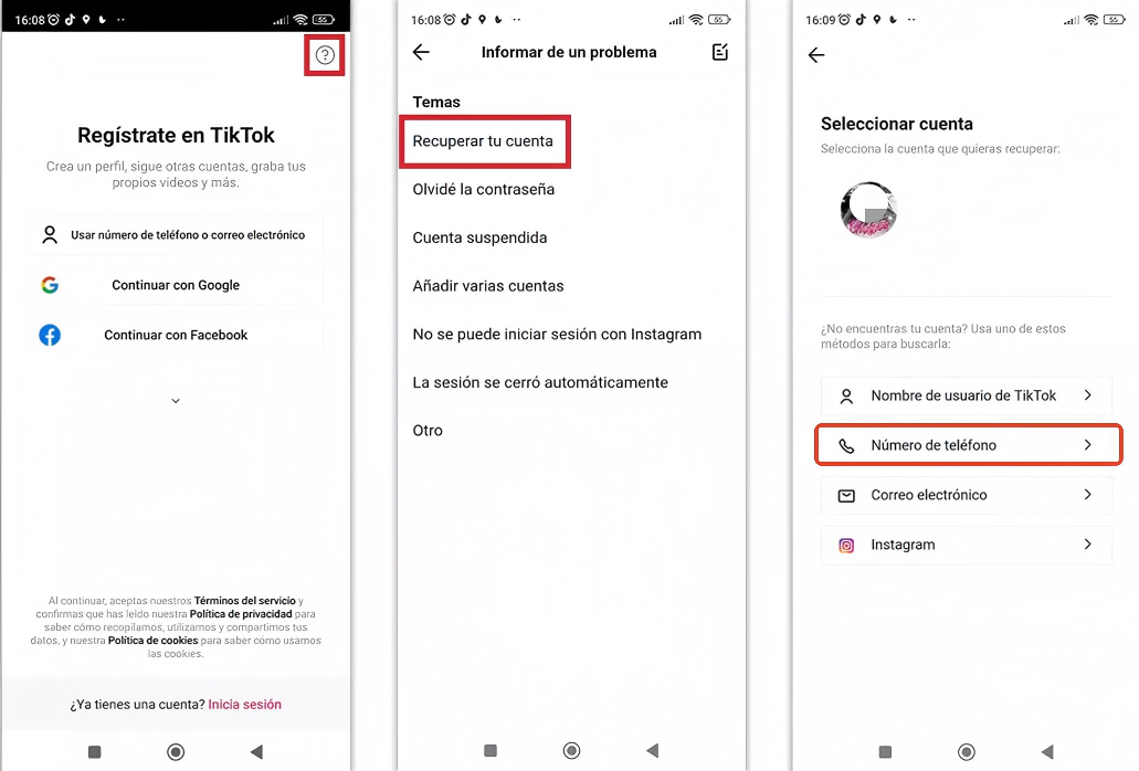 Recuperar cuenta de TikTok con número de teléfono
