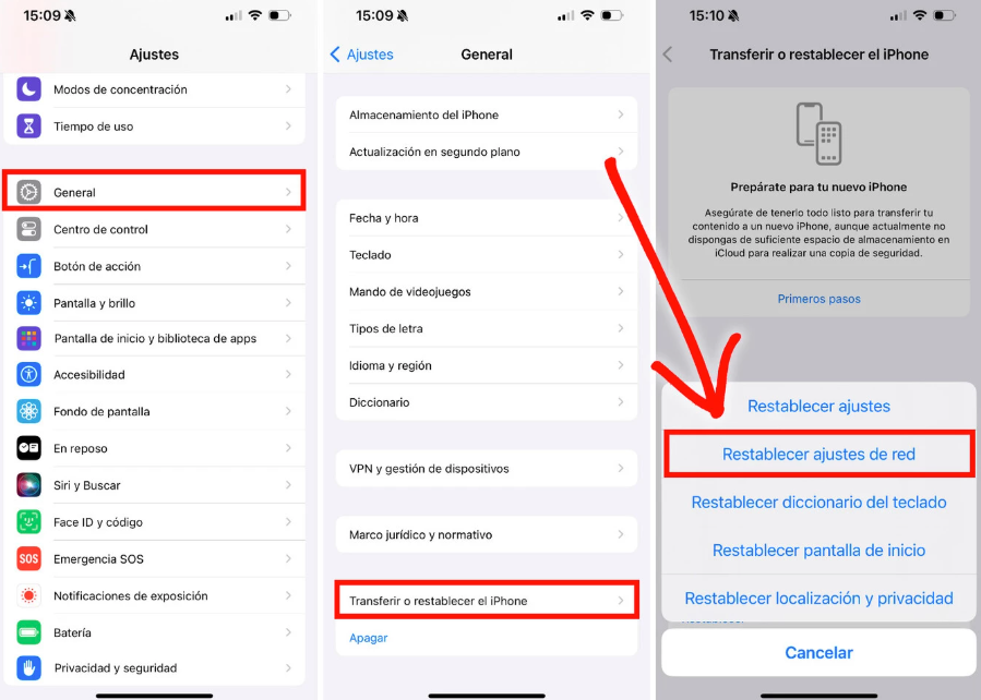 Restablecer la configuración de red en iPhone
