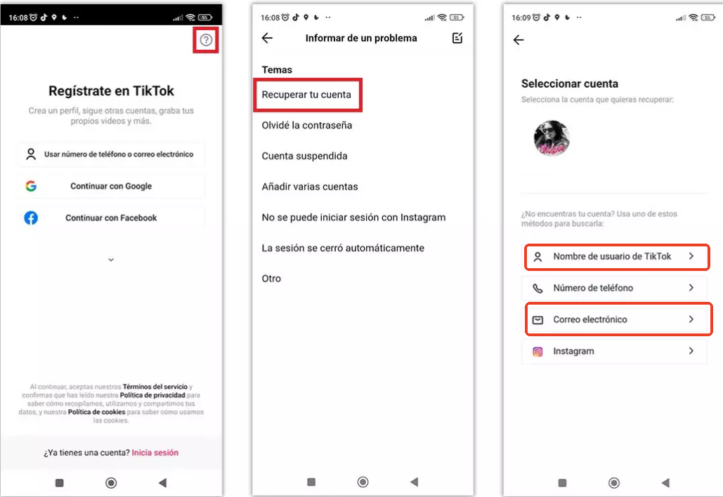 Restaurar cuenta de TikTok con nombre de usuario o correo