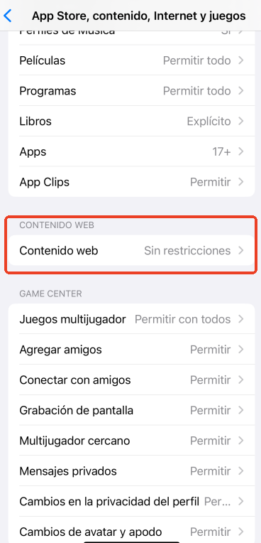 Sin restricciones de contenido web iphone